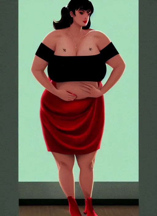 Image similar to full body portrait of teenage veronica lodge, obese, bangs, sultry, realistic, sultry smirk, wavy hair, red skirt, fat, belly, intricate, elegant, glowing lights, highly detailed, digital painting, artstation, concept art, smooth, sharp focus, illustration, art by wlop, mars ravelo and greg rutkowski