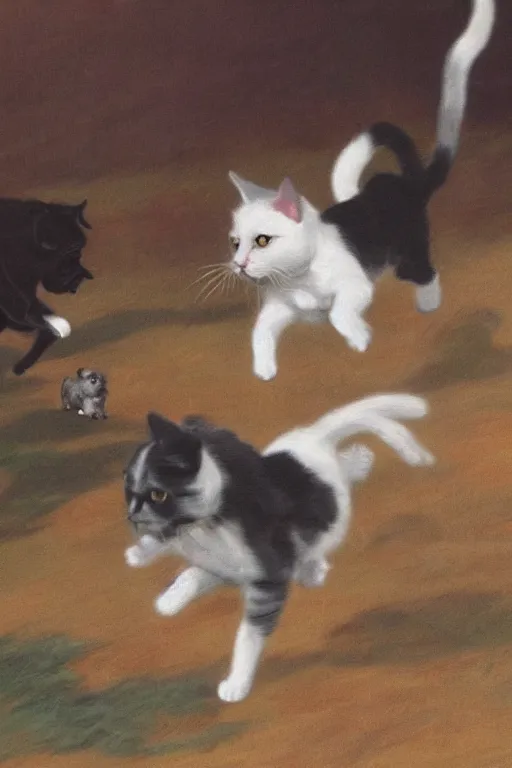 Prompt: a cat chasing dogs by peggy fortnum