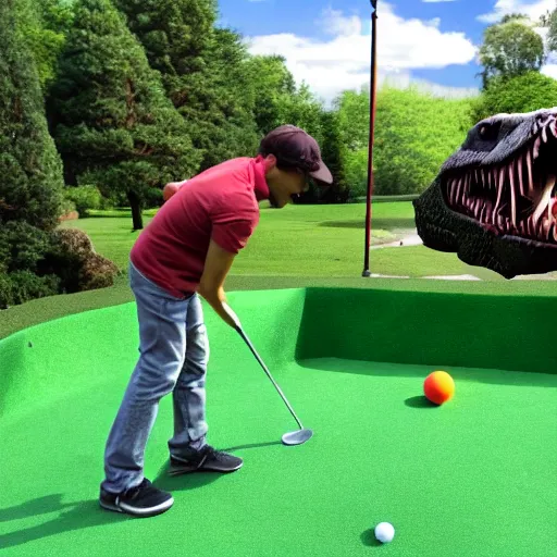 Prompt: mini golf against a t - rex