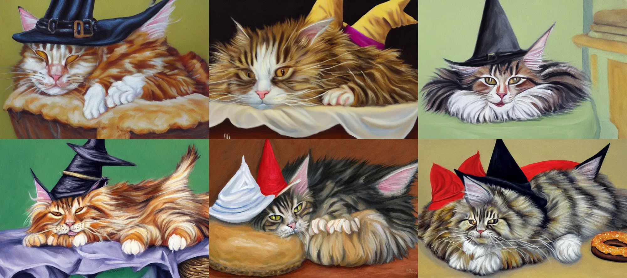 Prompt: realistic painting maine coon cat wearing witch hat sleeping near hearth in bakery donuts cakes