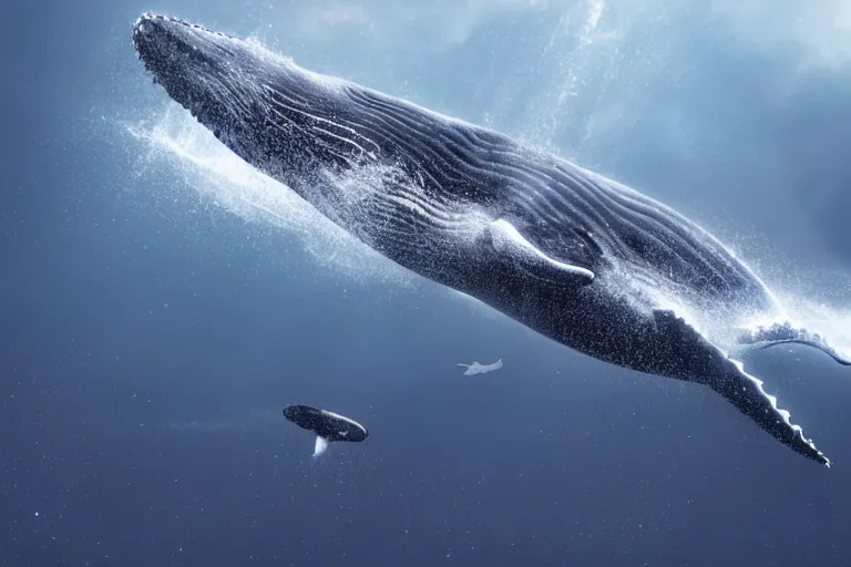 Image similar to a humpback whale flying over the superbowl cinematic lighting by Jessica Rossier