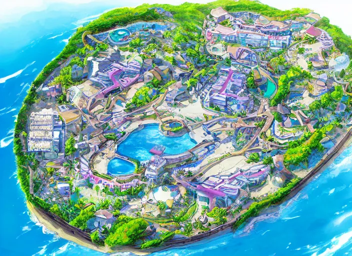 Image similar to down angled view of an anime resort, ocean, resort, beach, anime art, map