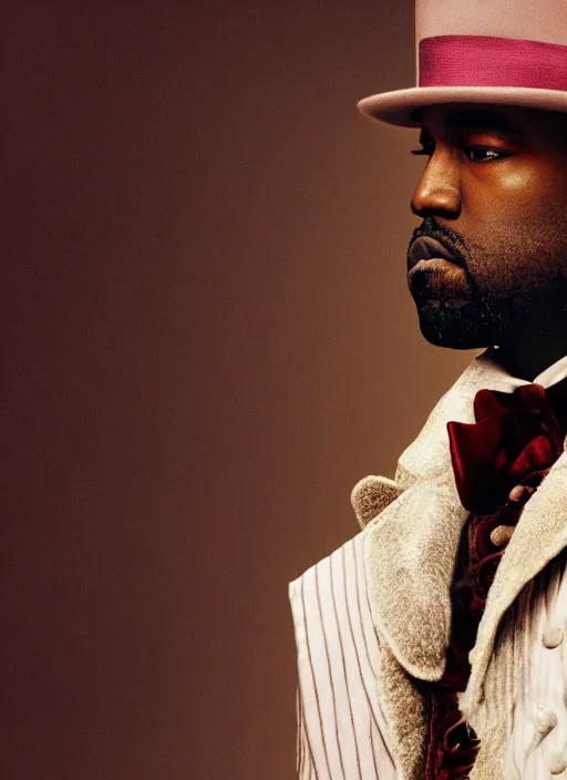 Prompt: portrait kanye west as willy wonka in django unchained, splash art, movie still, cinematic lighting, long lens, shallow depth of field, bokeh, anamorphic lens flare, 8 k, hyper detailed, 3 5 mm film grain