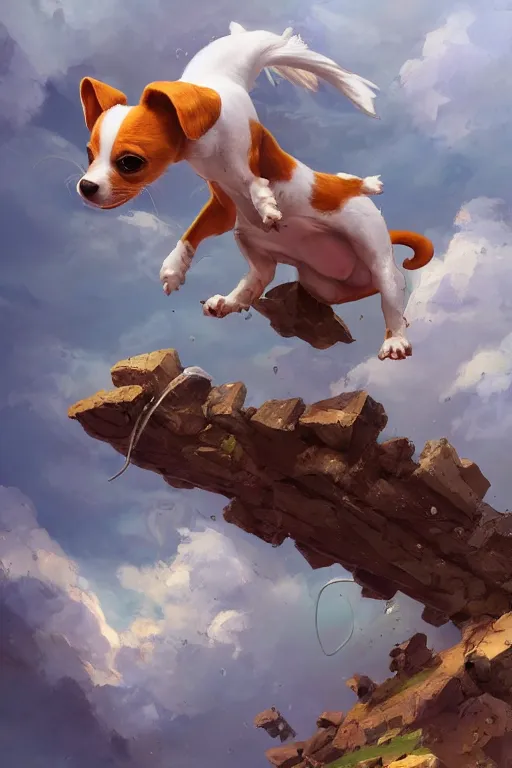 Image similar to adorable jack russel terrier jumping over a small house, fantasy art, artstation character design contest winner, trending on cgsociety, concept art, speedpaint, beautiful digital art, jesper ejsing, james jean, justin gerard, fenghua zhong, makoto shinkai, highly detailed