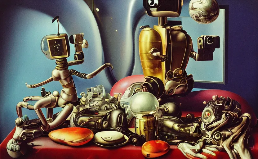 Prompt: strange seductive futuristic robot body, enticing colorful oil masterful painting dutch golden age vanitas still life splendid composition with bulbous luscious objects strange gooey transparent surfaces shiny metal reflections bizarre mutant meat insects rachel ruysch dali todd schorr very detailed perfect composition rule of thirds masterpiece canon 5 0 mm, cinematic lighting, photography, retro, film, kodachrome