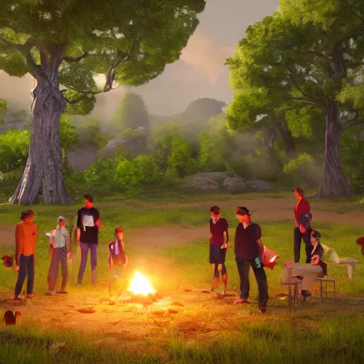 Prompt: a group of woobidoo\'s are playing with their dagnuggets by the jigidigi tree, detailed oil painting, a feeling of awe and inspiration, unreal engine 5