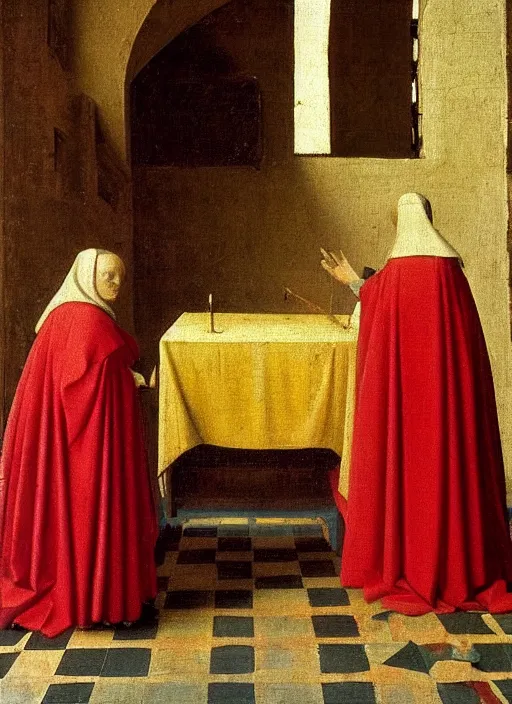 Image similar to red cloth of the floor, medieval painting by jan van eyck, johannes vermeer, florence