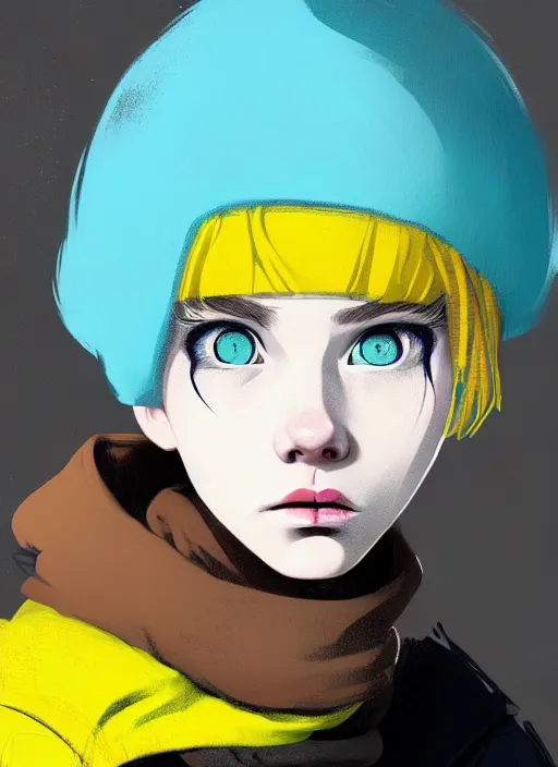 Image similar to highly detailed portrait of a sewer punk lady student, blue eyes, tartan hoody, hat, white hair by atey ghailan, gradient yellow, black, brown and cyan color scheme, grunge aesthetic!!! ( ( graffiti tag wall ) )