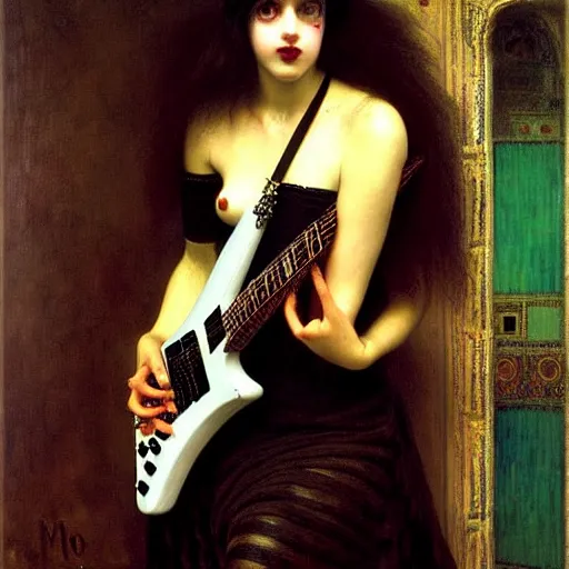 Prompt: Goth girl playing electric guitar by Mario Testino, oil painting by Lawrence Alma-Tadema, masterpiece