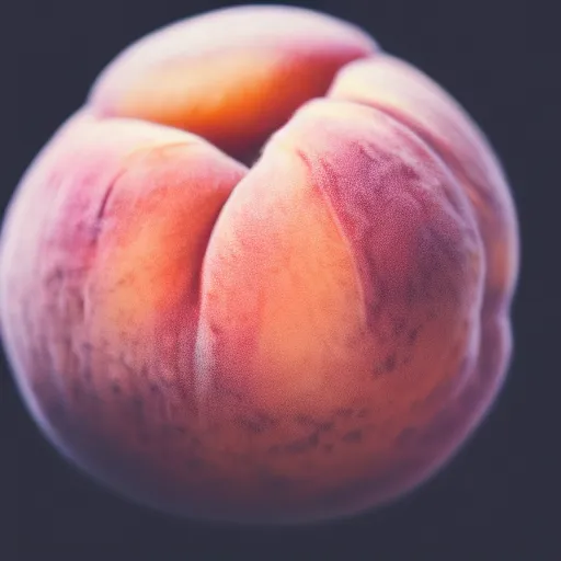 Image similar to a macro photo of a round peach's dry hairy skin, hyper realistic, hyper detailed, 35mm, very grainy film, pink volumetric studio lighting, bokeh, black background award winning shot, vogue magazine, cinematic, 8k, very closeup, elegant, tender, pastel