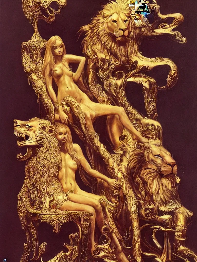 Prompt: beautiful woman on a gold throne with male lion at her feet, a beautiful painting by wayne barlowe and frank frazetta