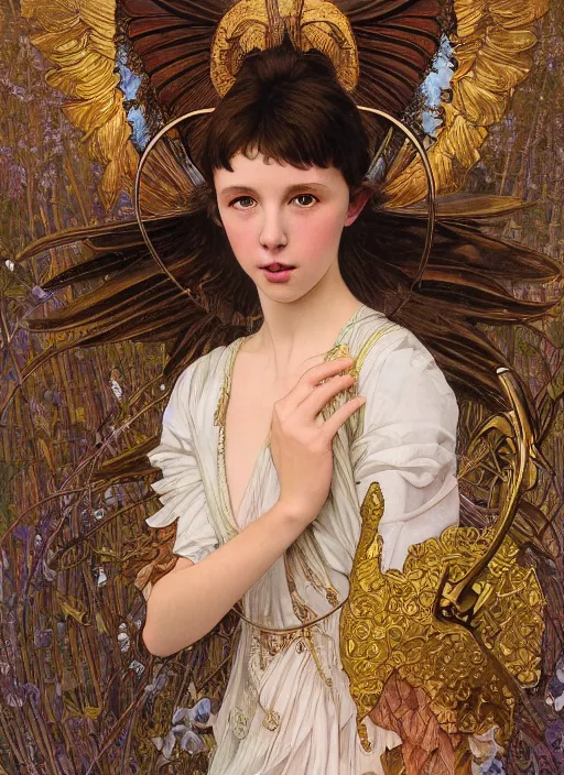 Prompt: realistic detailed painting of a 1 6 - year old girl who resembles millie bobby brown, mouth open, glowing, as an angel with a golden halo and white, feathered wings, wearing intricate, detailed art nouveau armor and silk, by alphonse mucha, ayami kojima amano, charlie bowater, karol bak, greg hildebrandt