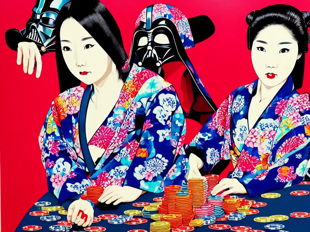 Image similar to hyperrealistic composition of the detailed woman in a japanese kimono sitting at a poker table with detailed darth vader, fireworks, mount fuji on the background, pop - art style, jacky tsai style, andy warhol style, acrylic on canvas