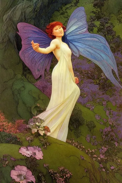 Prompt: a beautiful fairy wearing a silk gown, in a lord of the rings scenery landscape, rainbowshift, by maxfield parrish, alphonse mucha, brian froud, artgerm