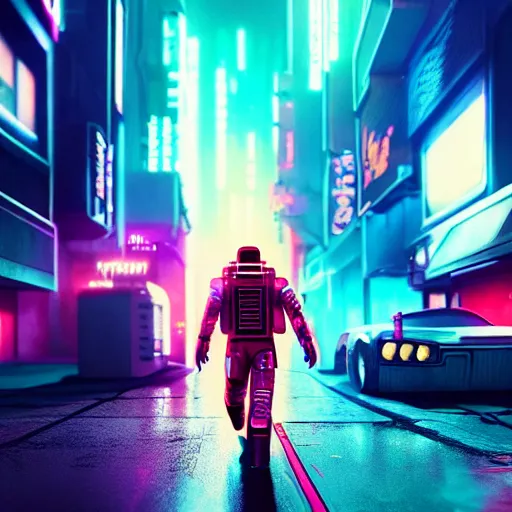 Image similar to professional photo of astronaut on cyberpunk street, synthwave, blade runner 2 0 4 9 style, hyperrealistic masterpiece, trending on artstation, cgsociety, kodakchrome, golden ratio, cinematic, composition, beautiful lighting, hyper detailed, sharp focus, octane render, 4 k, unreal engine