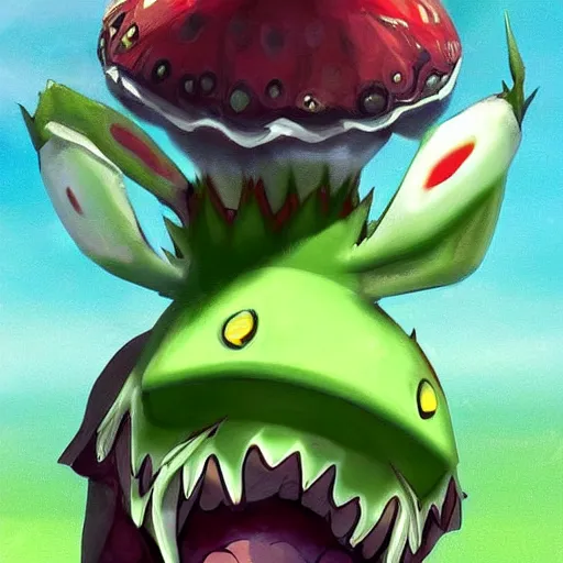 Image similar to a pokemon that looks like a dionaea muscipula, the dionaea muscipula that is laughing ， digital art, trending on art station. unreal engine.