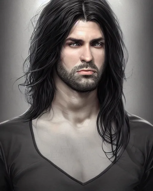 Image similar to portrait of tall, 3 3 - year - old handsome man with long dirty black hair, and ice grey eyes, wearing black clothes, no beard, hyper realistic face, beautiful eyes, character art, art by mark brooks, hyperdetailed, cryengine, trending on artstation, digital art