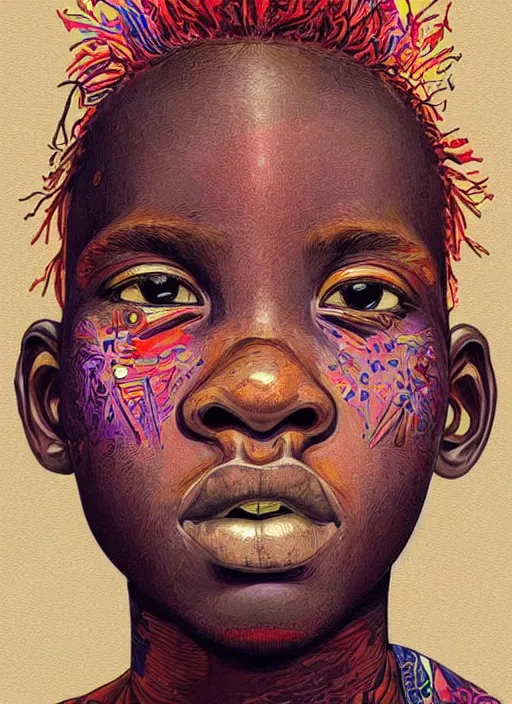 Image similar to colourful upper half portrait an african boy - art by james jean, highly detailed, digital painting, illustration, illustration, smooth, sharp focus, intricate, symmetry, pinterest, behance, art station