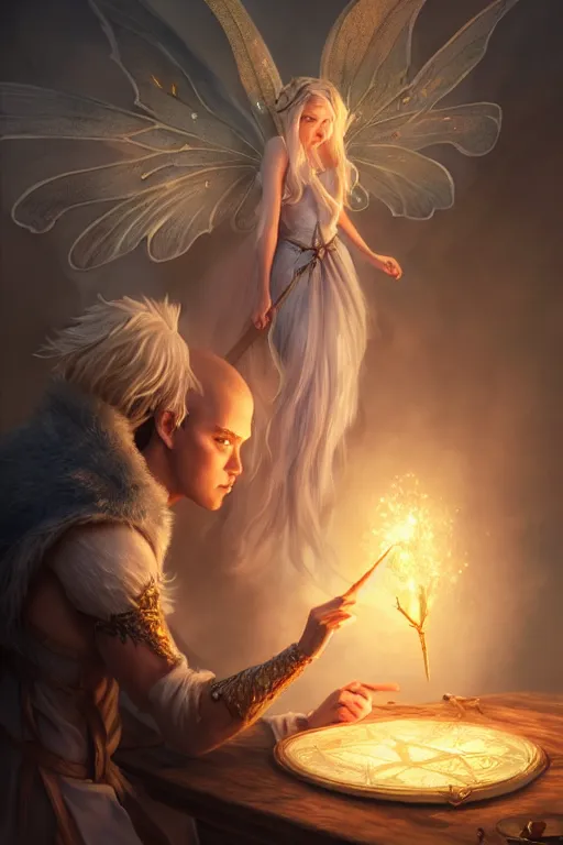 Image similar to legendary fairy prince wizard cast a spell, highly detailed, d & d, fantasy, highly detailed, digital painting, trending on artstation, concept art, sharp focus, illustration, global illumination, ray tracing, realistic shaded, art by artgerm and greg rutkowski and fuji choko and viktoria gavrilenko and hoang lap