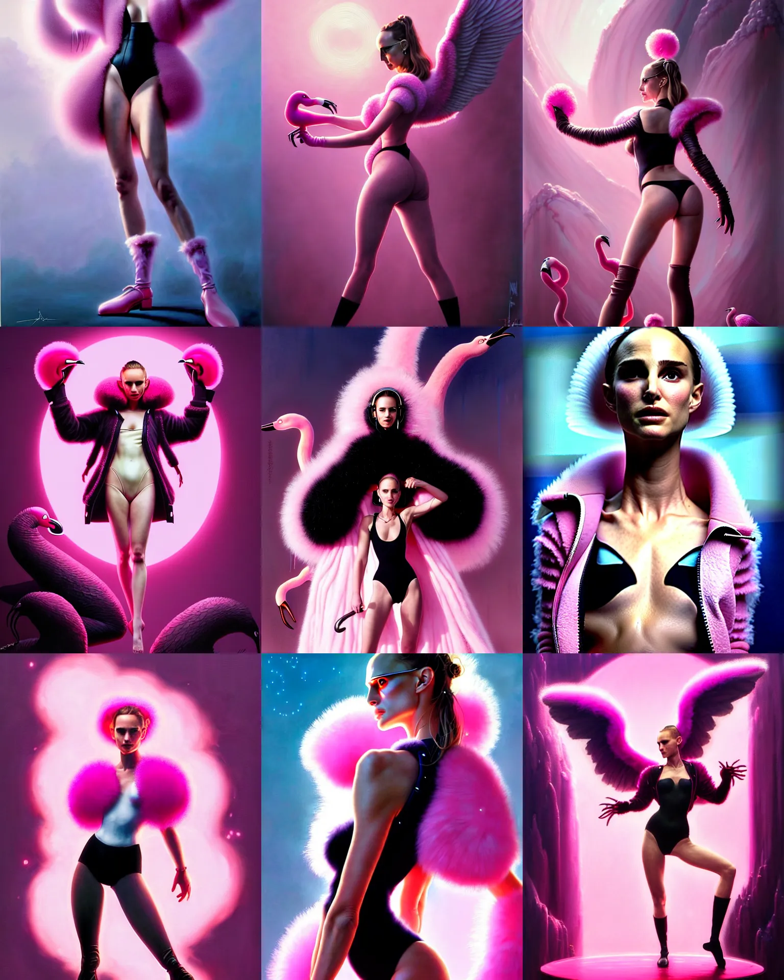 Prompt: beautiful fantasy character portrait, natalie portman, wearing oversized fluffy pink bomber jacket and black leotard, ultra realistic, wide angle, dramatic lighting, flamingoes, very seductive pose, cyberpunk artifacts, highly detailed by peter mohrbacher, hajime sorayama, wayne barlowe, boris vallejo, aaron horkey, gaston bussiere, craig mullins