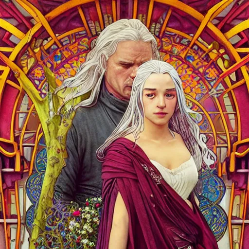 Image similar to lyanna stark and rhaegar targaryen bright colorful, zen, minimalist, sunny environment, highly detailed, realistic, up close shot shinji aramaki, karol bak, alphonse mucha