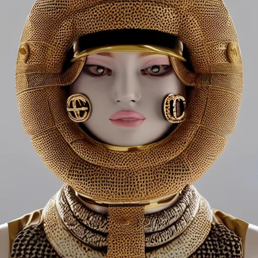 Prompt: portrait of masked dune dynasty with chanel clothes, white background, chanel logo, 8 k, symmetrical, 3 d render, octane render, insane details