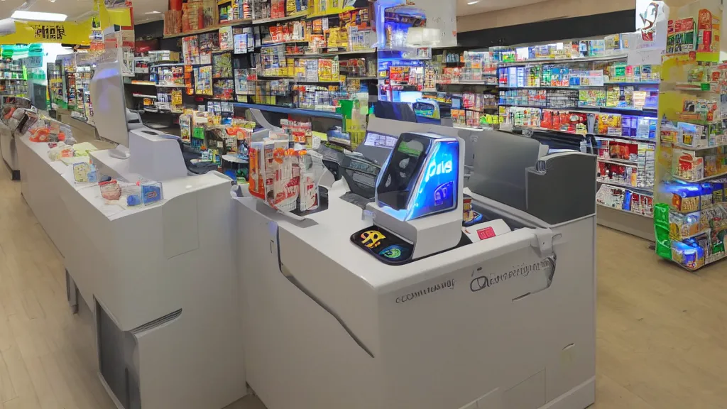 Prompt: origami inequitable convenience store robo - cashier