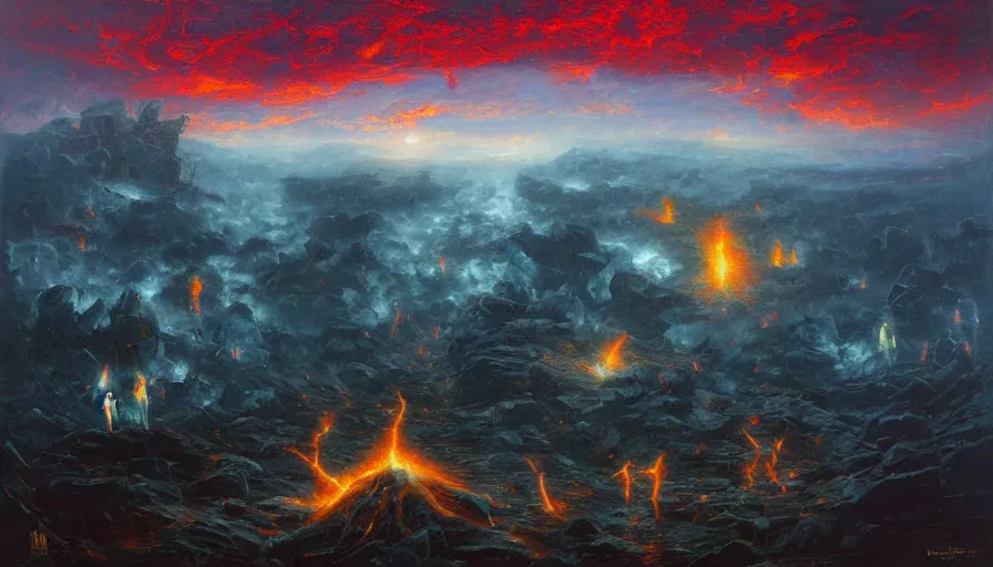 Prompt: a cubic landscape with fire in the sky, ghostly figures, by mariusz lewandowski