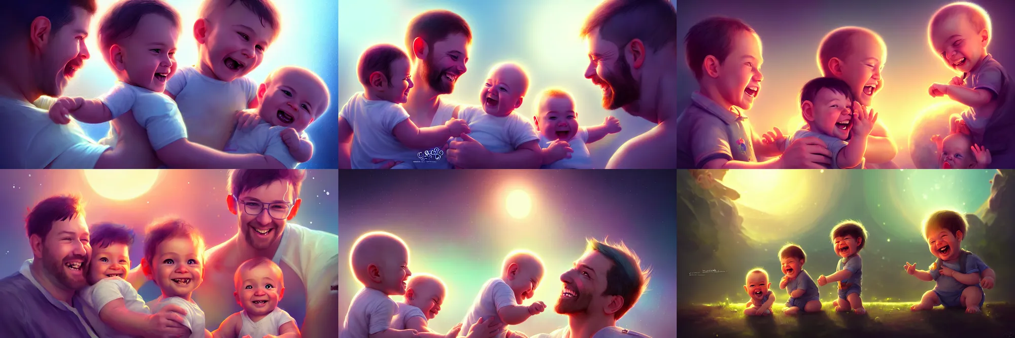 Image similar to epic professional digital art of a happy baby boy with his two fathers, best on artstation, cgsociety, wlop, cosmic, epic, stunning, gorgeous, much detail, much wow, masterpiece, backlight