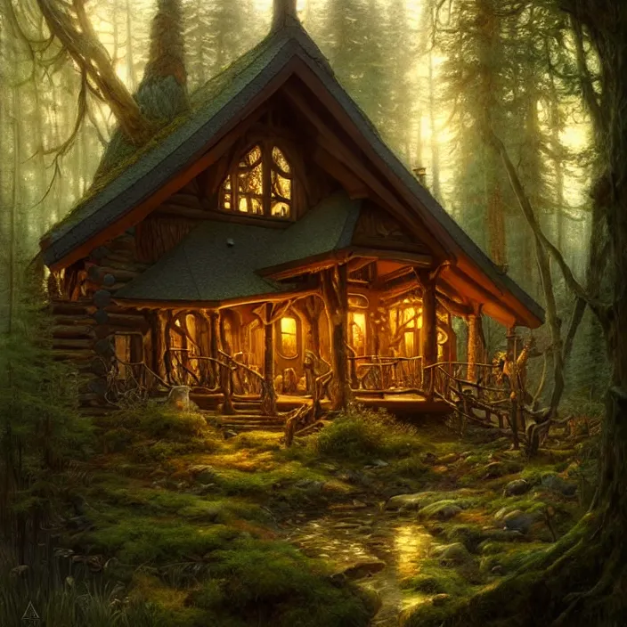 Prompt: cozy cabin in an ancient forest , diffuse lighting, fantasy, intricate, elegant, highly detailed, lifelike, photorealistic, digital painting, artstation, illustration, concept art, smooth, sharp focus, art by John Collier and Albert Aublet and Krenz Cushart and Artem Demura and Alphonse Mucha