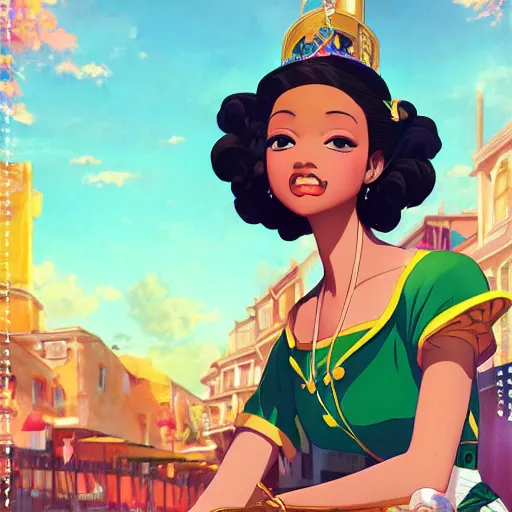 Image similar to portrait of princess tiana, 1920's new orleans background, rich vivid colors, ambient lighting, dynamic lighting, 4k, official media, anime key visual, makoto shinkai, ilya kuvshinov, lois van baarle, rossdraws, detailed, trending on artstation