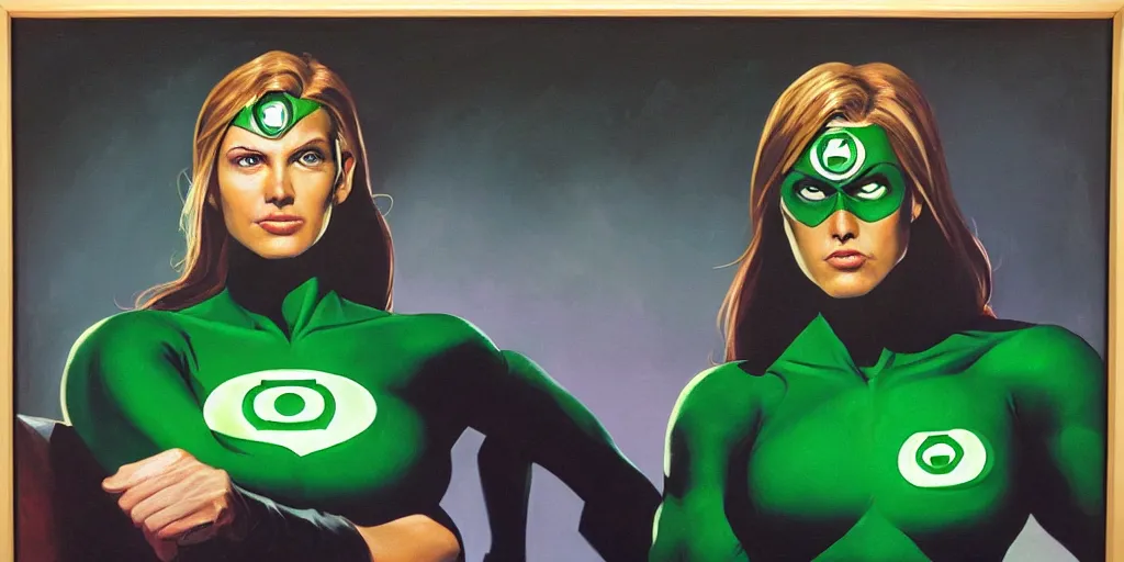 Image similar to Female portrait of Green Lantern in the morning sun, Alex Ross, oil painting