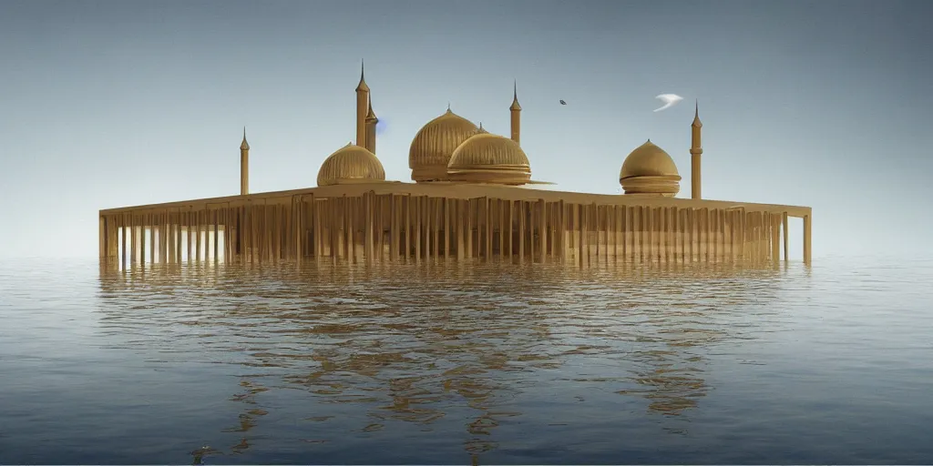 Prompt: mosque floating spaceship by louis kahn, golds fantasy world