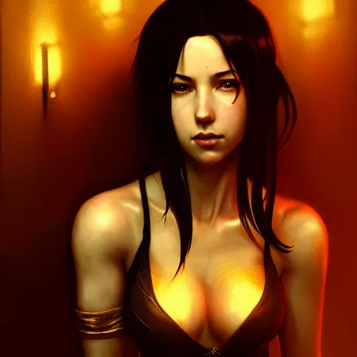Image similar to Seductive, riveting Tifa Lockhart portrait, atmospheric lighting, painted, intricate, golden hour, ultra detailed by Leesha Hannigan, Ross Tran, Thierry Doizon, Kai Carpenter, Ignacio Fernández Ríos