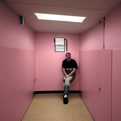 Prompt: Jeff bezoz in prison sitting on the toilet , the walls are pink