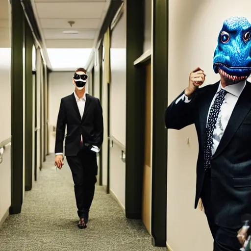 Prompt: a man in a business suit with a dinosaur head, wearing sunglasses, in a typical office hallway, instagram photo