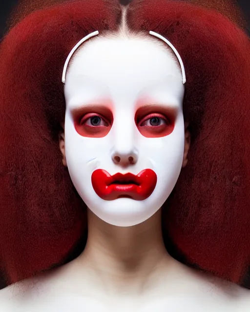 Image similar to symmetrical portrait of a woman wearing a red embroidered translucent silicone mask and white frizzy hair buns, wearing a silicone white bodysuit, cream white background, soft diffused light, biotechnology, futuristic aesthetic, translucent, ethereal, intricate details, highly detailed, masterpiece,