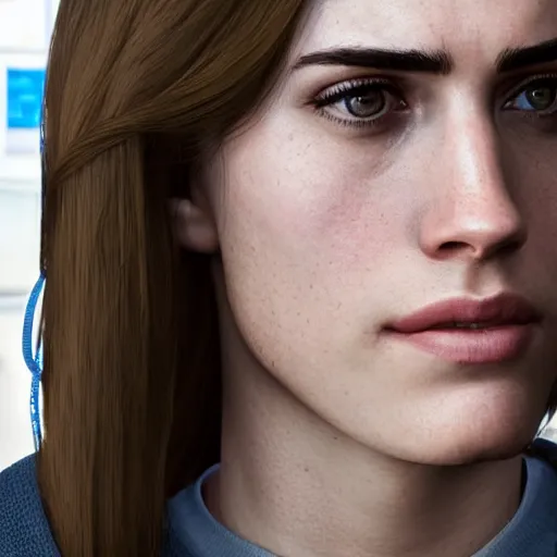Image similar to a Super realistic version of Allison Williams in the style of Detroit: Become Human, cinematic, three quarter view, symmetrical face, full body, photo realistic, detailed , 8k, wide lens, unreal engine 5, hyper realistic, artgerm, trending on artstation