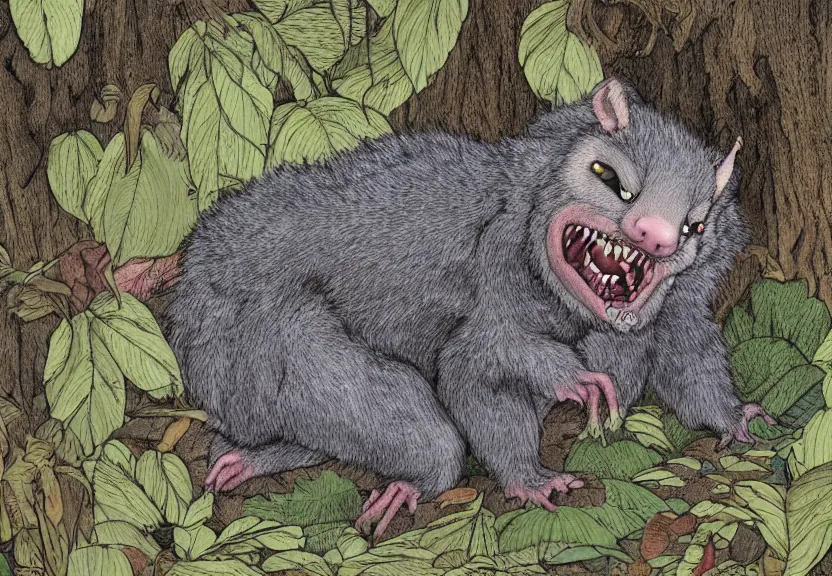 Image similar to possum monster hidden in the forest, colorized, highly detailed, 4k, trending on Artstation, award-winning, art by Maurice Sendak
