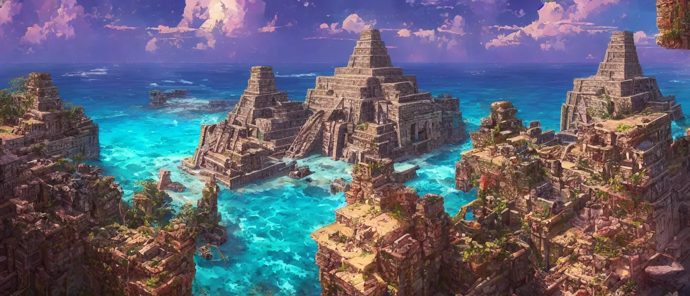 Image similar to dystopian mayan ruins on a colorful ocean, unreal engine, fantasy art by greg, loish, rhads, ferdinand knab, makoto shinkai, lois van baarle, ilya kuvshinov, rossdraws, tom bagshaw, global illumination, radiant light, highly detailed and intricate environment, isometric, trending onstudio ghibli, octane render, 8 k