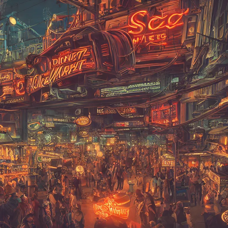 Prompt: fantastic lighting, high detail, dieselpunk market, neon lights, 2 d