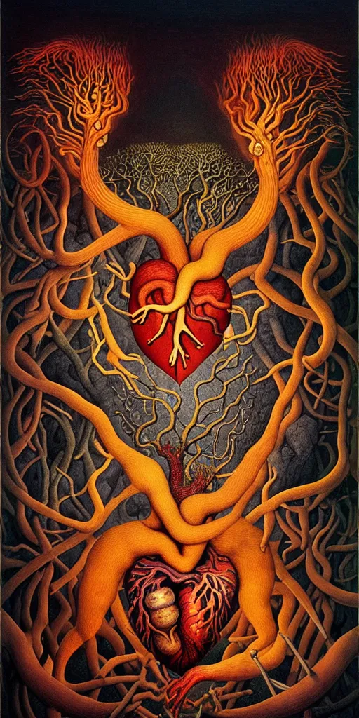 Image similar to mythical creatures and monsters in the visceral anatomical human heart imaginal realm of the collective unconscious, in a dark surreal painting by johfra, mc escher and ronny khalil, dramatic lighting fire glow