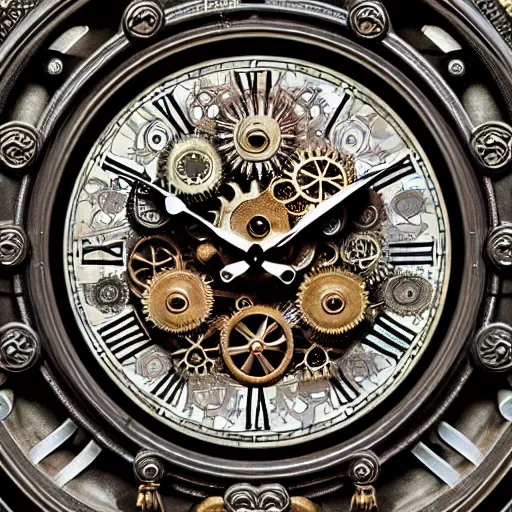 Image similar to a close up of a clock with many gears, a flemish baroque by takashi murakami, behance, kinetic art, steampunk, skeuomorphic, made of liquid metal