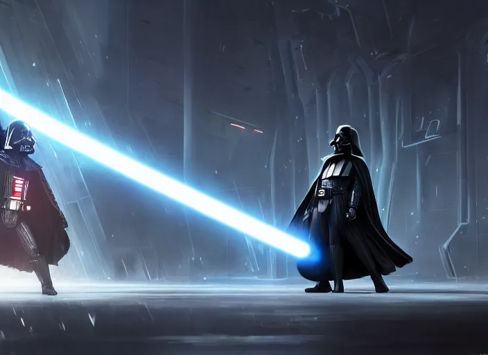 Image similar to a Photorealistic dramatic hyperrealistic render of darth vader with lightsaber drawn facing off against a calm cute corgi in battle, futuristic star wars vibe, by WLOP and Artgerm and Greg Rutkowski and Alphonse Mucha, Beautiful dynamic dramatic dark moody lighting, shadows, cinematic atmosphere, Artstation, concept design art, Octane render, 8K, masterpiece, sharp focus