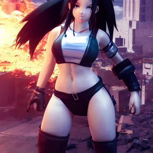 Prompt: a giant giga sized tifa from final fantasy 7 remake having fun destroying a city while smiling, digital art, octane render, award winning, very detailed, full body portrait, 3d render, detailed facial expressions, destroyed city, 4k destruction, fire, video game art, no text, ray tracing