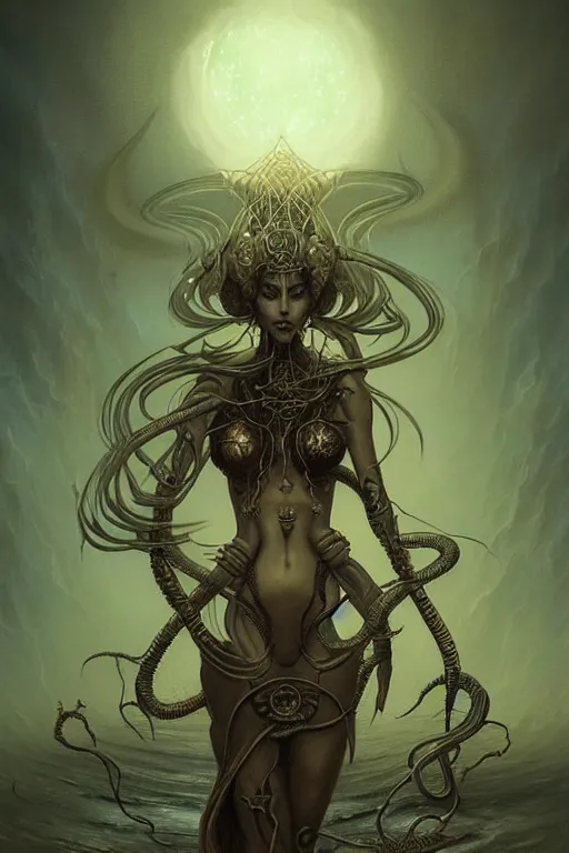Prompt: Beautiful Eldritch Goddess of Nuclear Explosions, digital art, fantasy, magic, trending on artstation, illustration by Seb McKinnon and Peter Mohrbacher, ultra detailed, atmospheric, Radioactive Bikini Armor