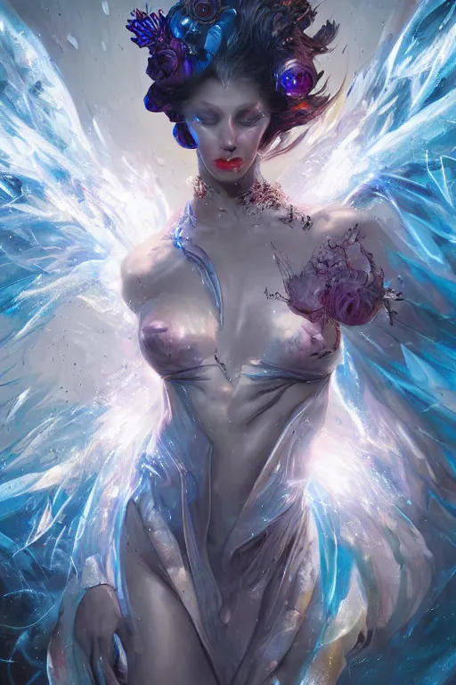 Image similar to torso closeup model wearing exploding ice electricity dress, sorcerer, diamonds, angel, fantasy, dramatic lighting, highly detailed, digital painting, holding electricity, magic the gathering, hyper detailed, 3 d render, hyper realistic detailed portrait, peter mohrbacher, wlop, ruan jia