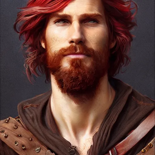 Image similar to portrait of a young ruggedly handsome but joyful pirate, male, masculine, upper body, crimson hair, long hair, d & d, fantasy, smirk, intricate, elegant, highly detailed, digital painting, artstation, concept art, matte, sharp focus, illustration, art by artgerm and greg rutkowski and alphonse mucha