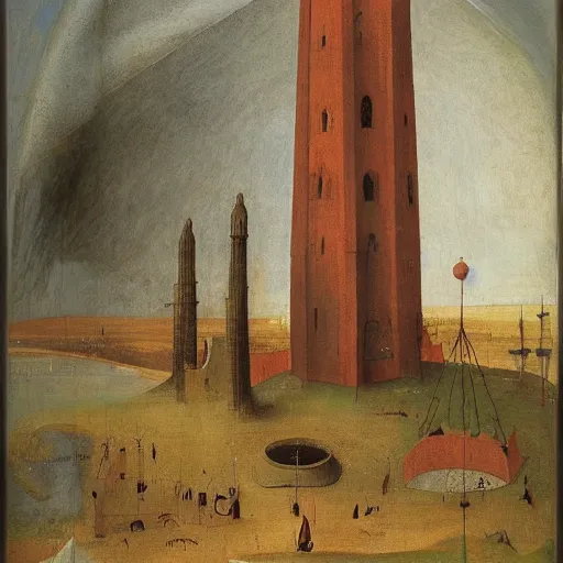 Prompt: a tall red tower in a sunny desert landscape, gothic architecture, painted in the style of hieronymus bosch width 8 2 0 - - height 1 0 2 4 - n 4 - - steps 1 5 0 - c 1 0