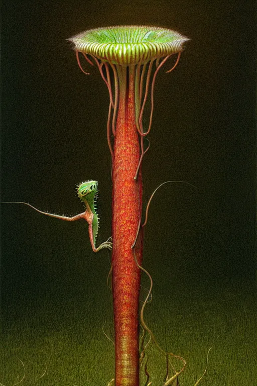 Image similar to a hyperrealistic painting of a guy caught in a venus flytrap carnivorous plant tundra, by john kenn mortensen and zdzislaw beksinski, highly detailed, vivid color,